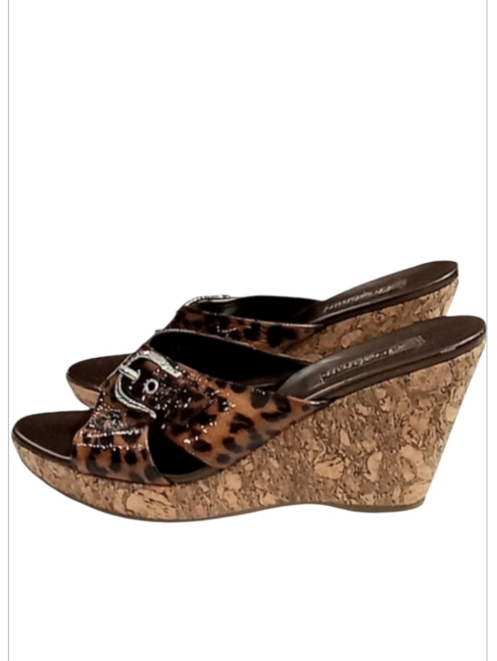 Brighton Leopard Print Cork Wedge Sandals Silver Buckle Made In Italy Size 10